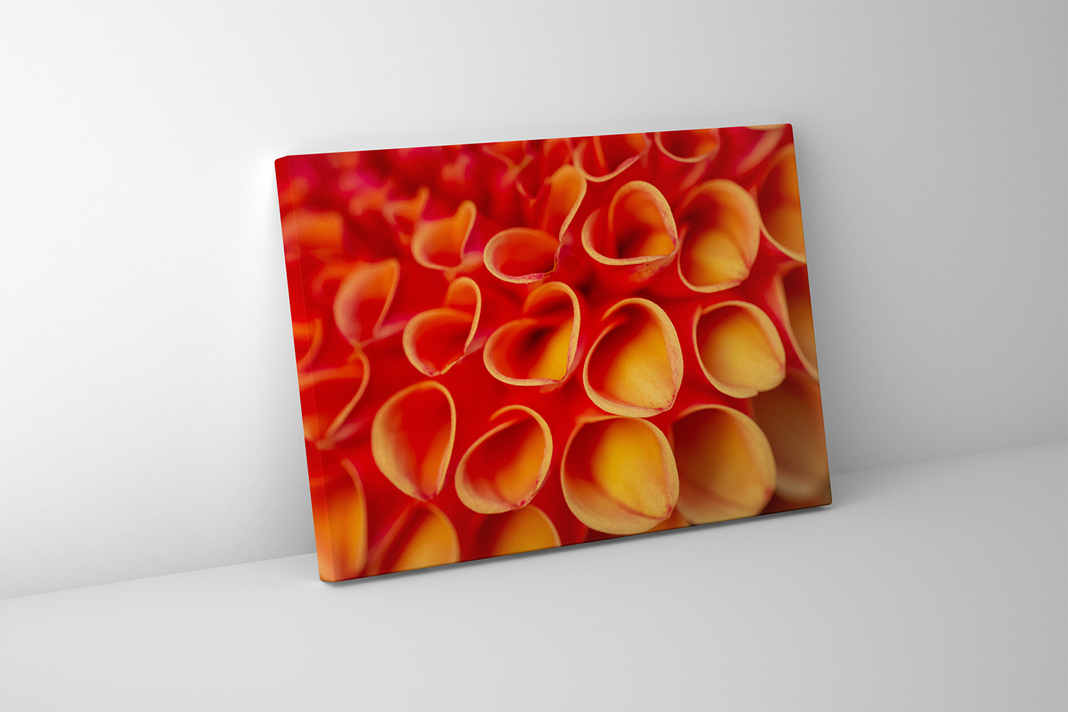 Gallery-wrapped canvas of heart-shaped dahlia petals in fiery orange and red tones.
