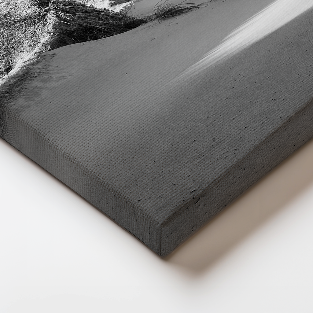 Close-up of canvas edge from “Oregon Dunes,” showing rich contrast and clean lines wrapped over thick stretcher bars.