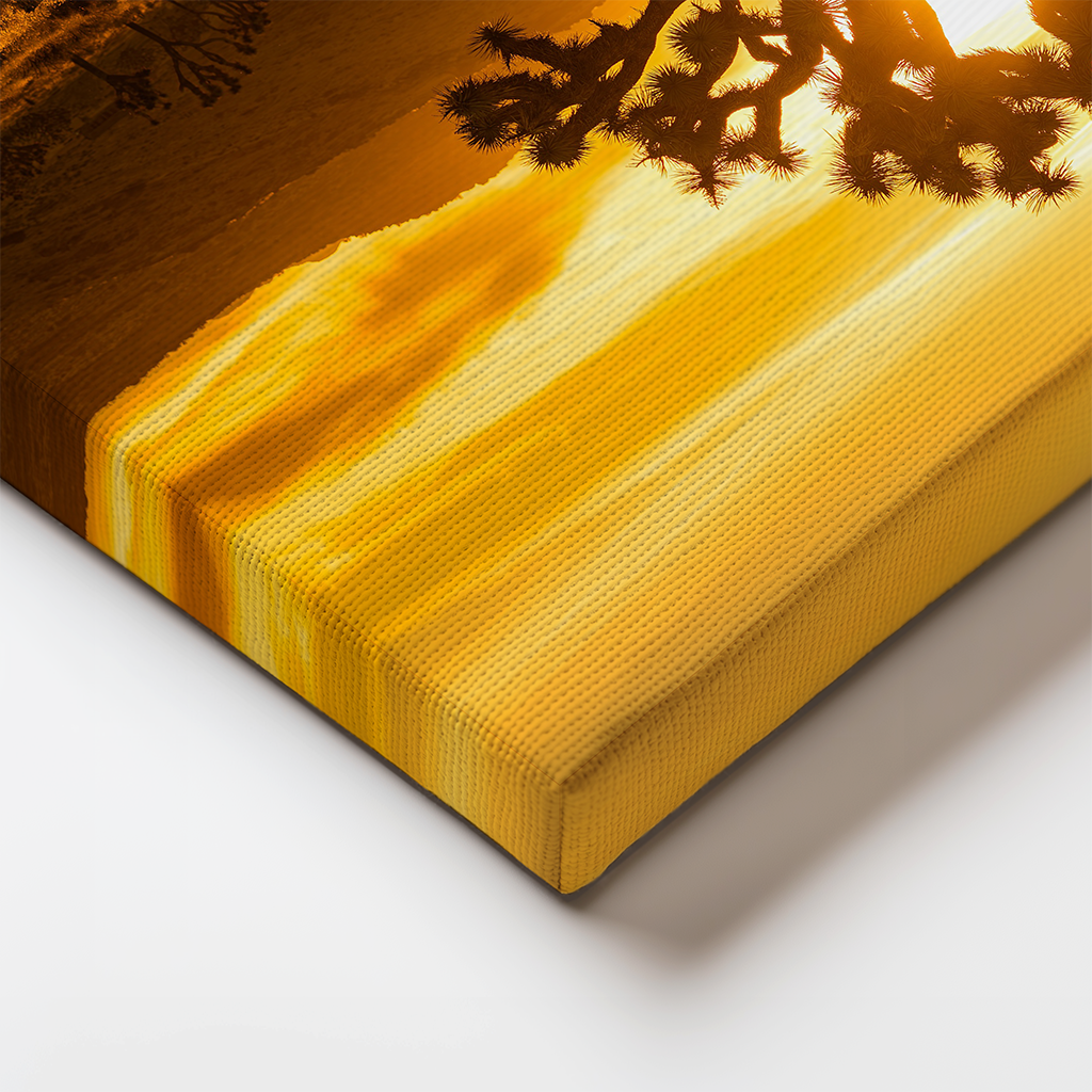 Canvas edge detail showing textured wrap of desert grasses and warm horizon tones.