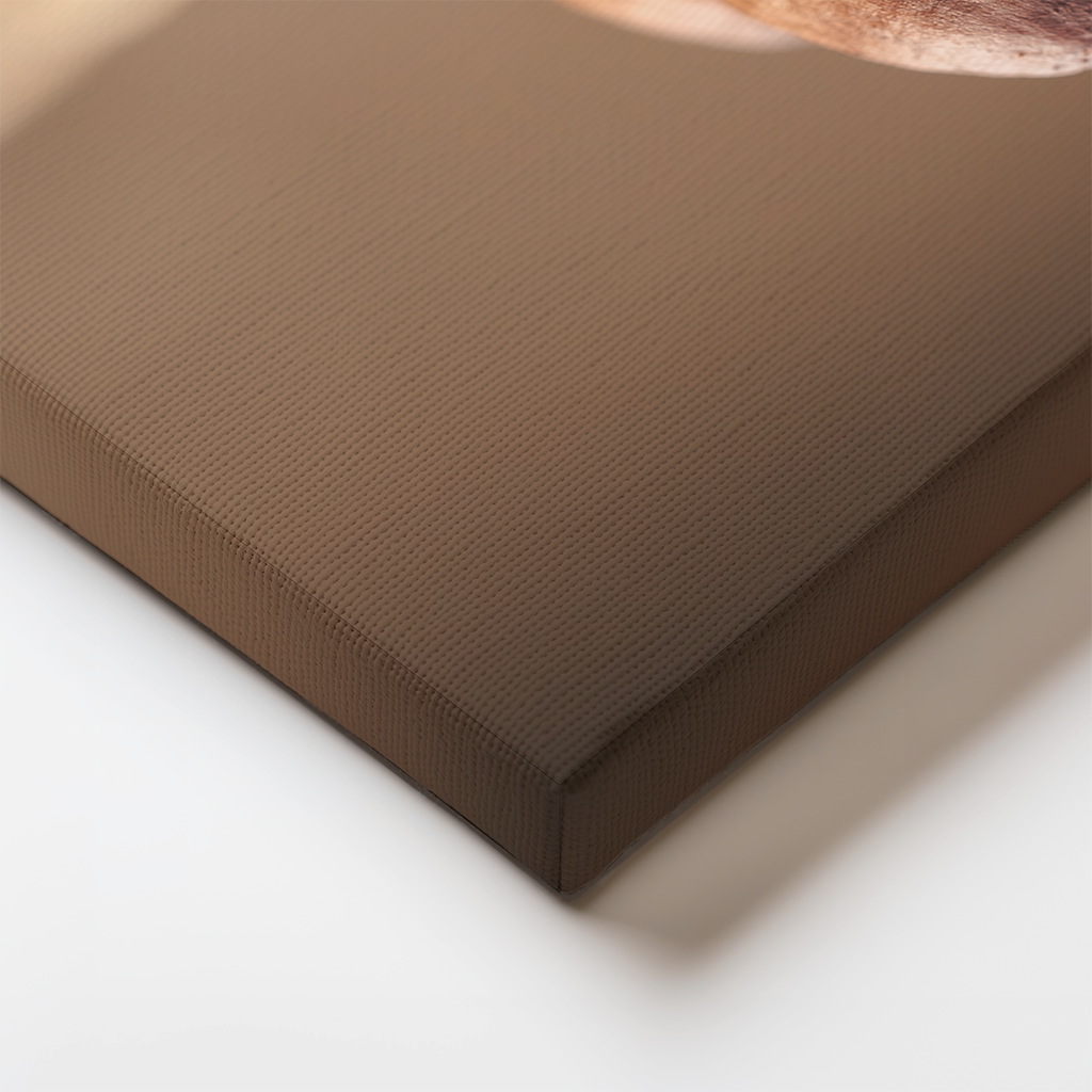 Detail of the mushroom photo canvas edge wrap, highlighting the seamless transition of earthy tones and clean composition across the frame.