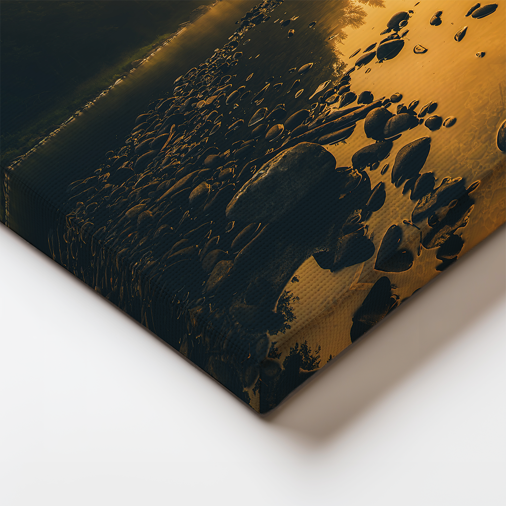 Detail of canvas edge with wrap-style print of golden river sunrise in Olympic Peninsula.