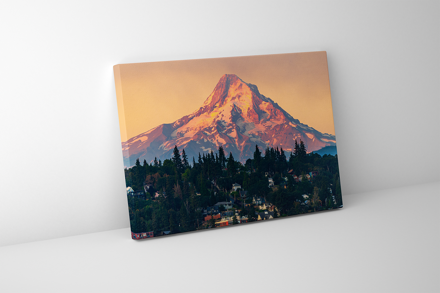 Canvas wall art of “Hood River,” a sweeping Oregon landscape of Mount Hood and the town of Hood River below. Captures natural grandeur and small-town charm.