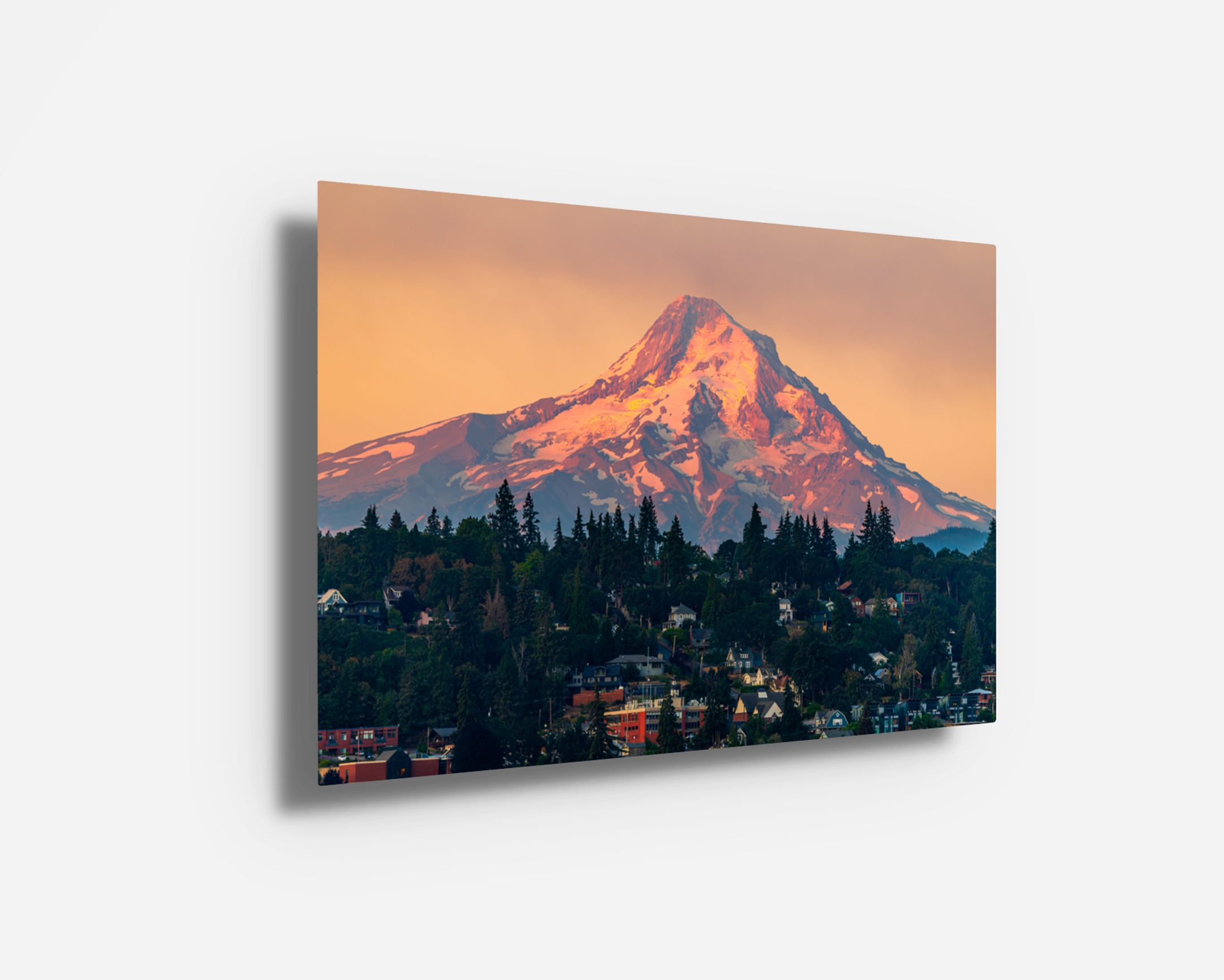 Metal print of “Hood River,” highlighting the vibrant tones of Mount Hood at sunrise. Sleek modern mountain wall art with rich color contrast