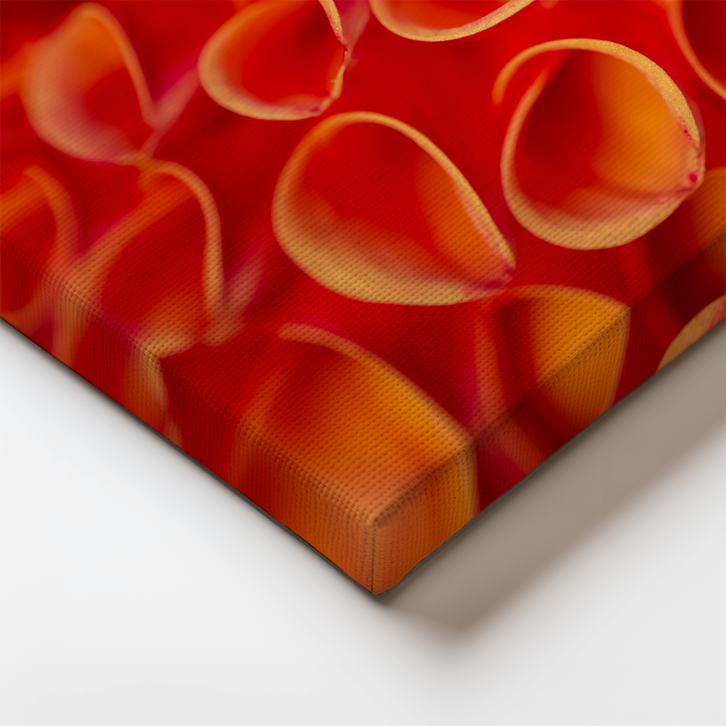 Canvas edge detail showing wrapped floral texture of dahlia petals.