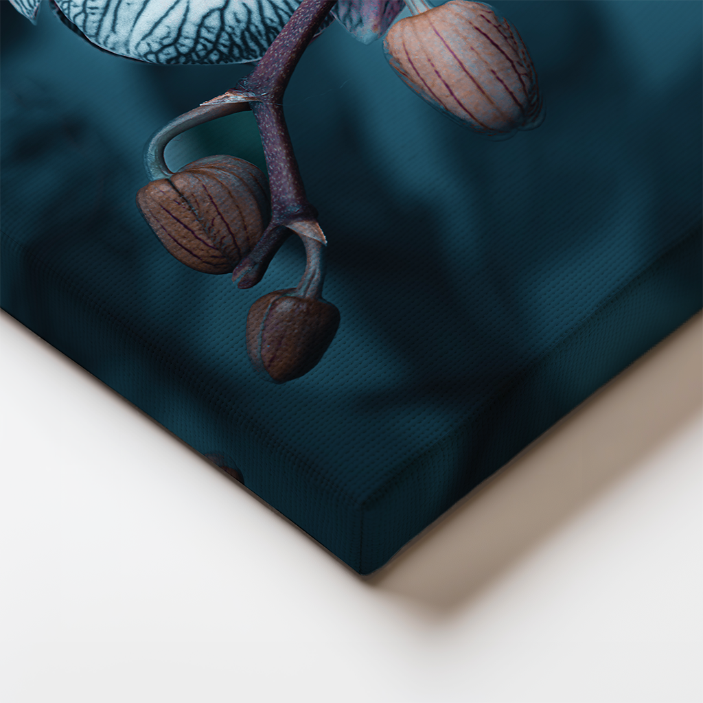 Canvas edge close-up from “Orchid” print, highlighting subtle textures of the flower petals and background.