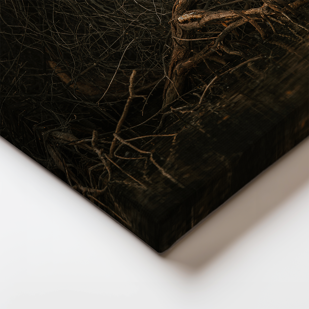 Close-up of canvas edge showing the delicate feathers and twisted roots from “Siren.” High-detail fine art bird portrait in soft neutral tones.