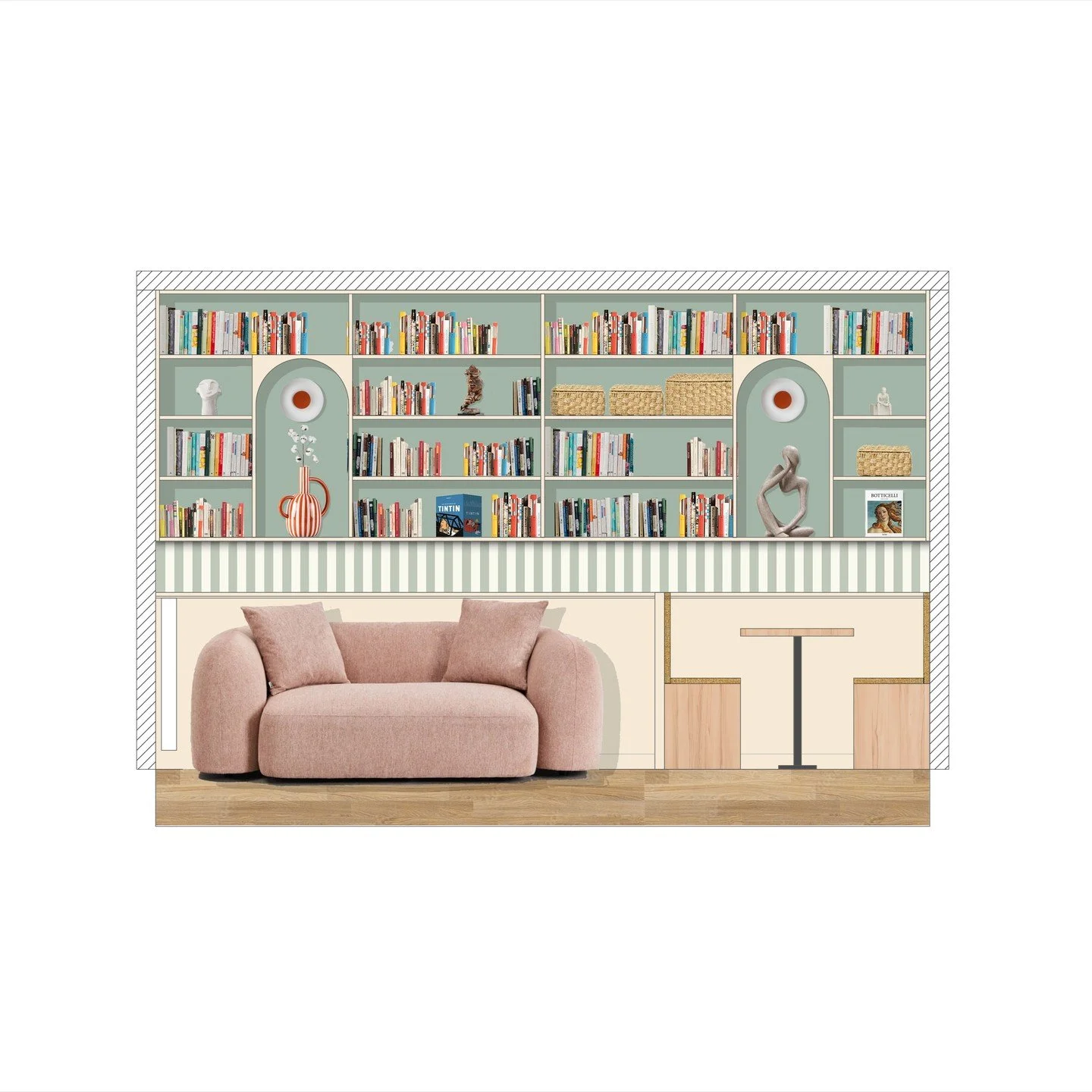 &Eacute;l&eacute;vation en couleur pour la r&eacute;novation d'un salon avec la cr&eacute;ation d'une biblioth&egrave;que et d'un coin repas avec banquette sur mesure. 

Un mur biblioth&eacute;que con&ccedil;u pour allier rangements, d&eacute;co et d