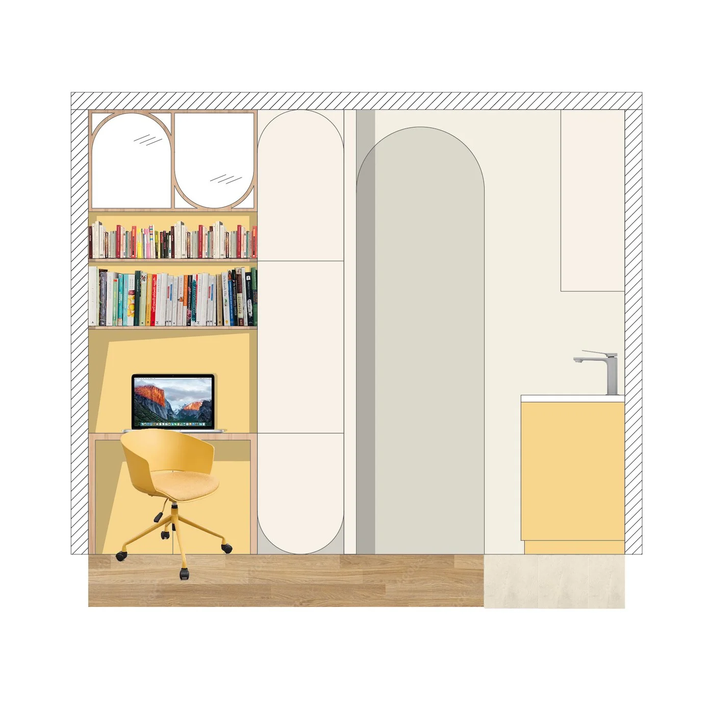 Elevation 2D en couleur pour la r&eacute;novation d'un studio de 18m2 &agrave; Montmartre. 

#interiordesign #kitchendesign #meubletv #bibliotheque #bibliothequesurmesure
#par&iacute;s #designinspirations #cuisinepastel #pastels #architectedinterieur
