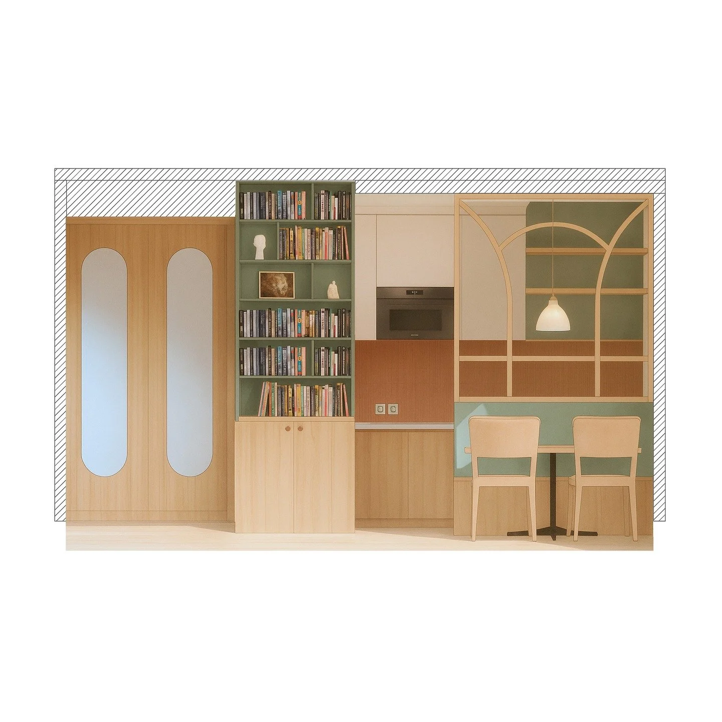 Proposition en vue 2D r&eacute;aliste pour la r&eacute;novation d&rsquo;un appartement dans le 16e.

&Agrave; gauche, une penderie int&eacute;gr&eacute;e avec miroirs, offrant un acc&egrave;s fonctionnel d&egrave;s l&rsquo;entr&eacute;e.

Au centre, 