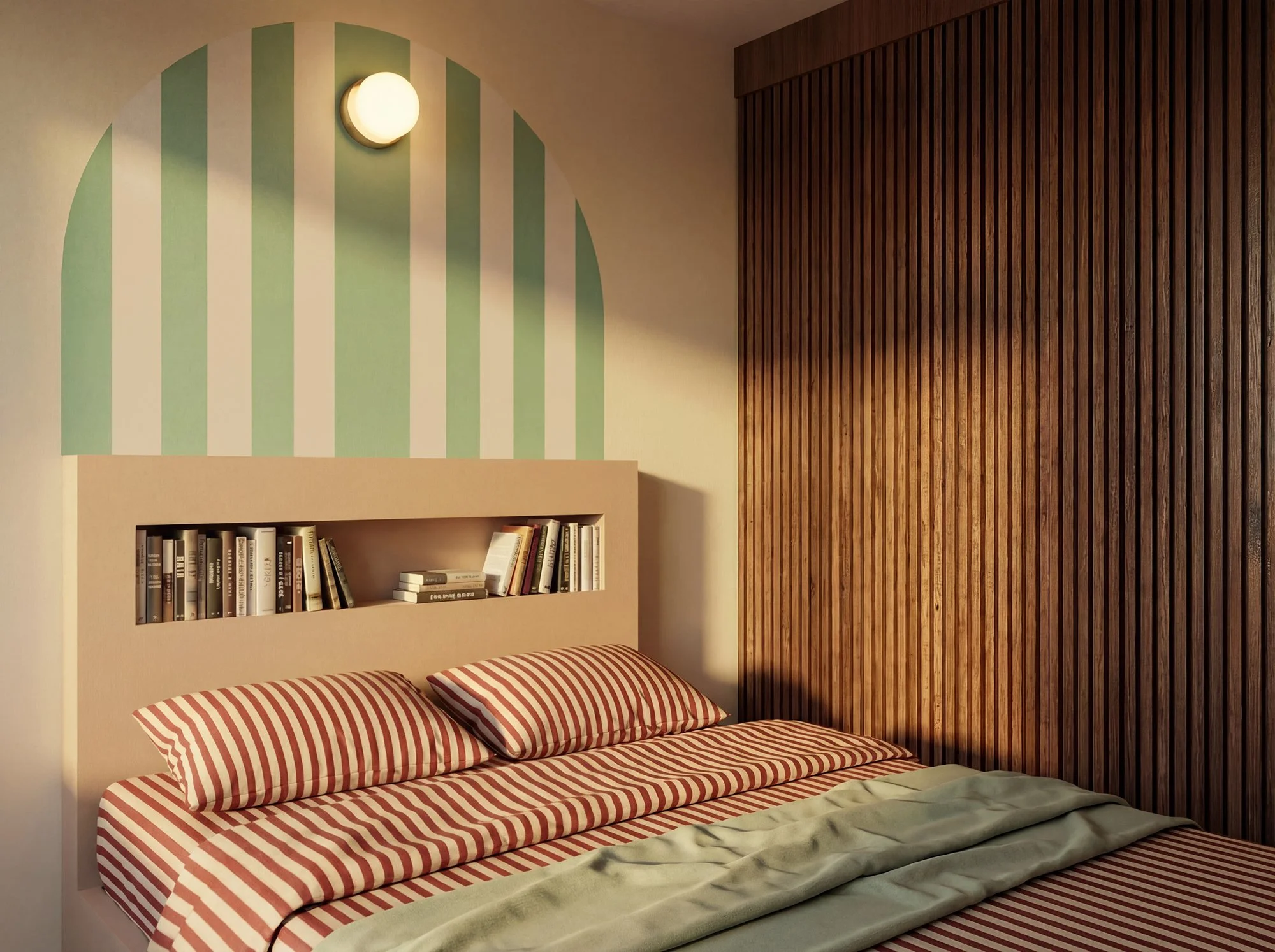 Tête de lit sur mesure, arches peintes au dessus du lit, et portes en bois pour le dressing dans cette chambre esprit cocooning