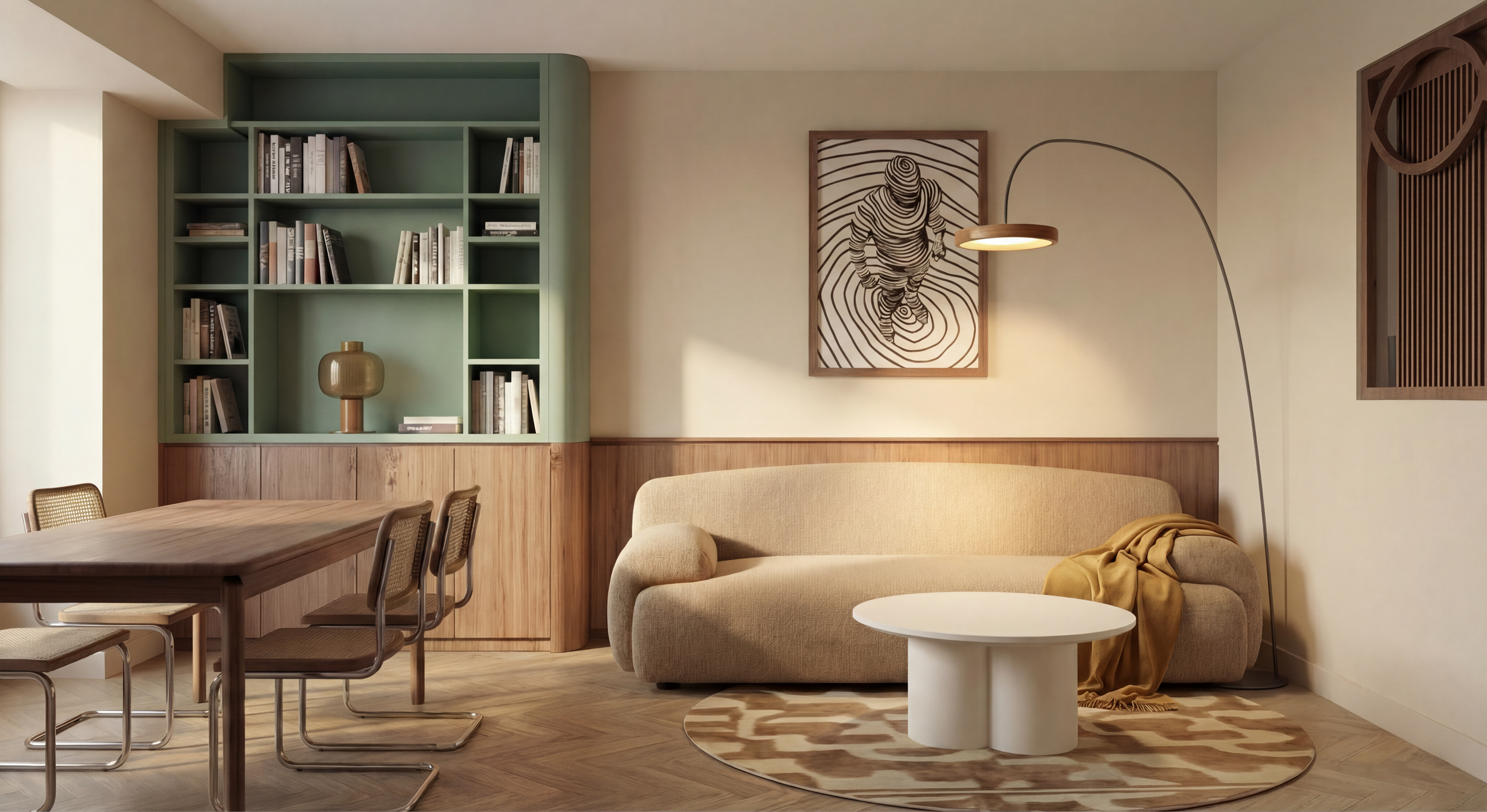 Rendu 3D du salon avec sa verrière et la bibliothèque