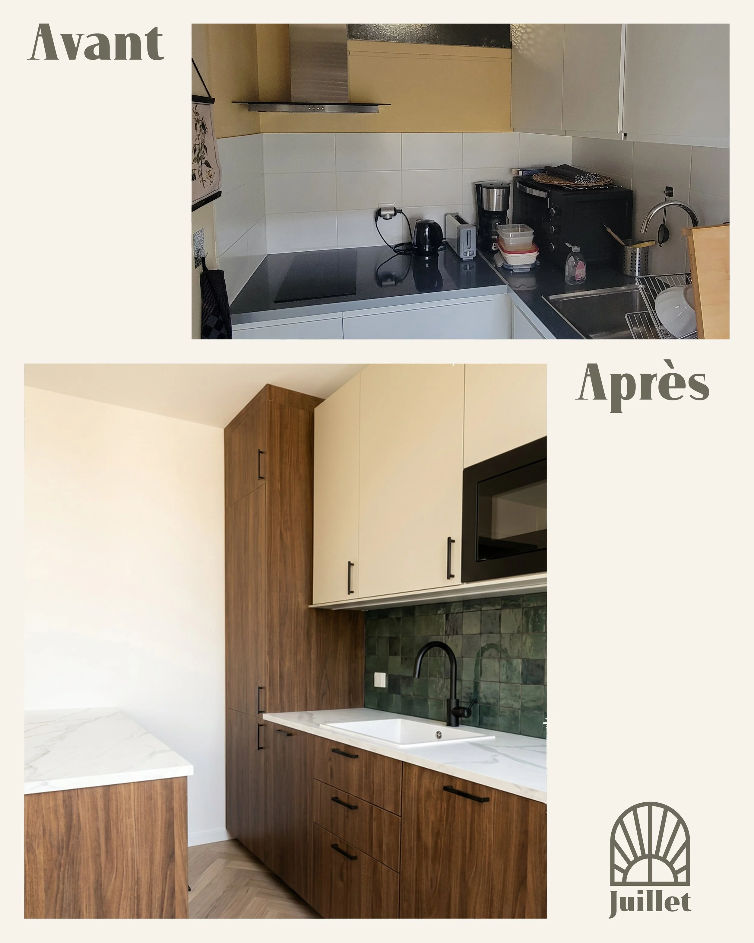 Avant Après de la cuisine pour ce projet de rénovation d'un appartement dans le 16 ème arrondissement de Paris