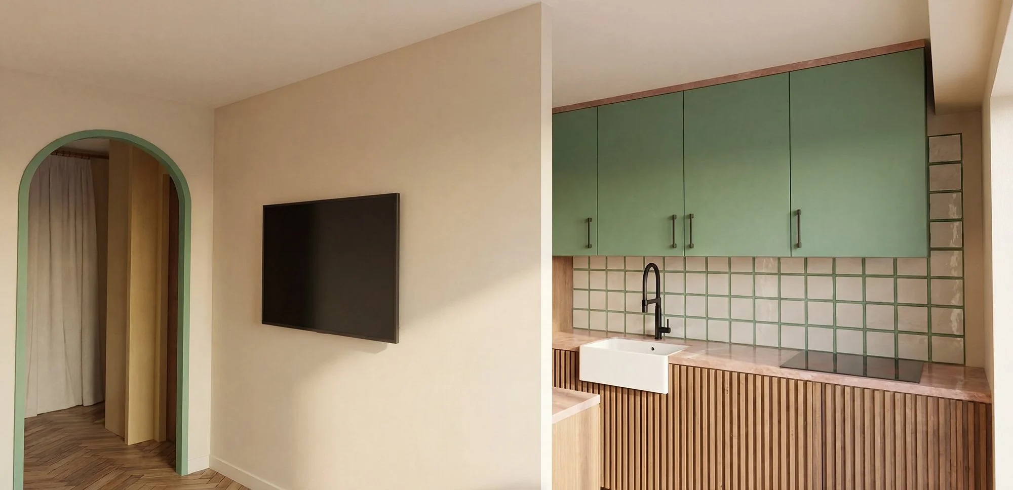 Vue sur l'ouverture vers la cuisine de l'appartement 