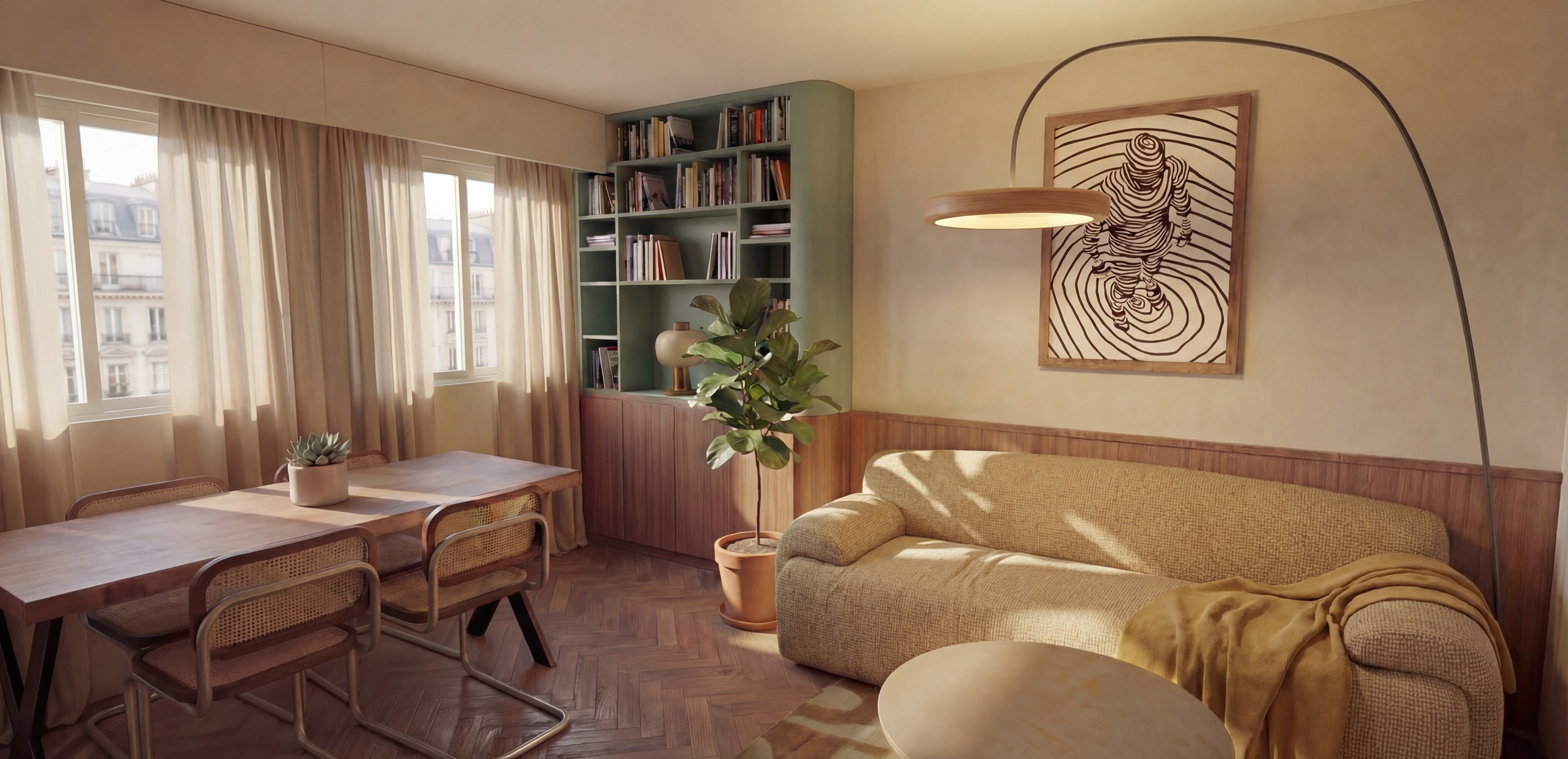 Rendu 3D du salon avec sa bibliothèque