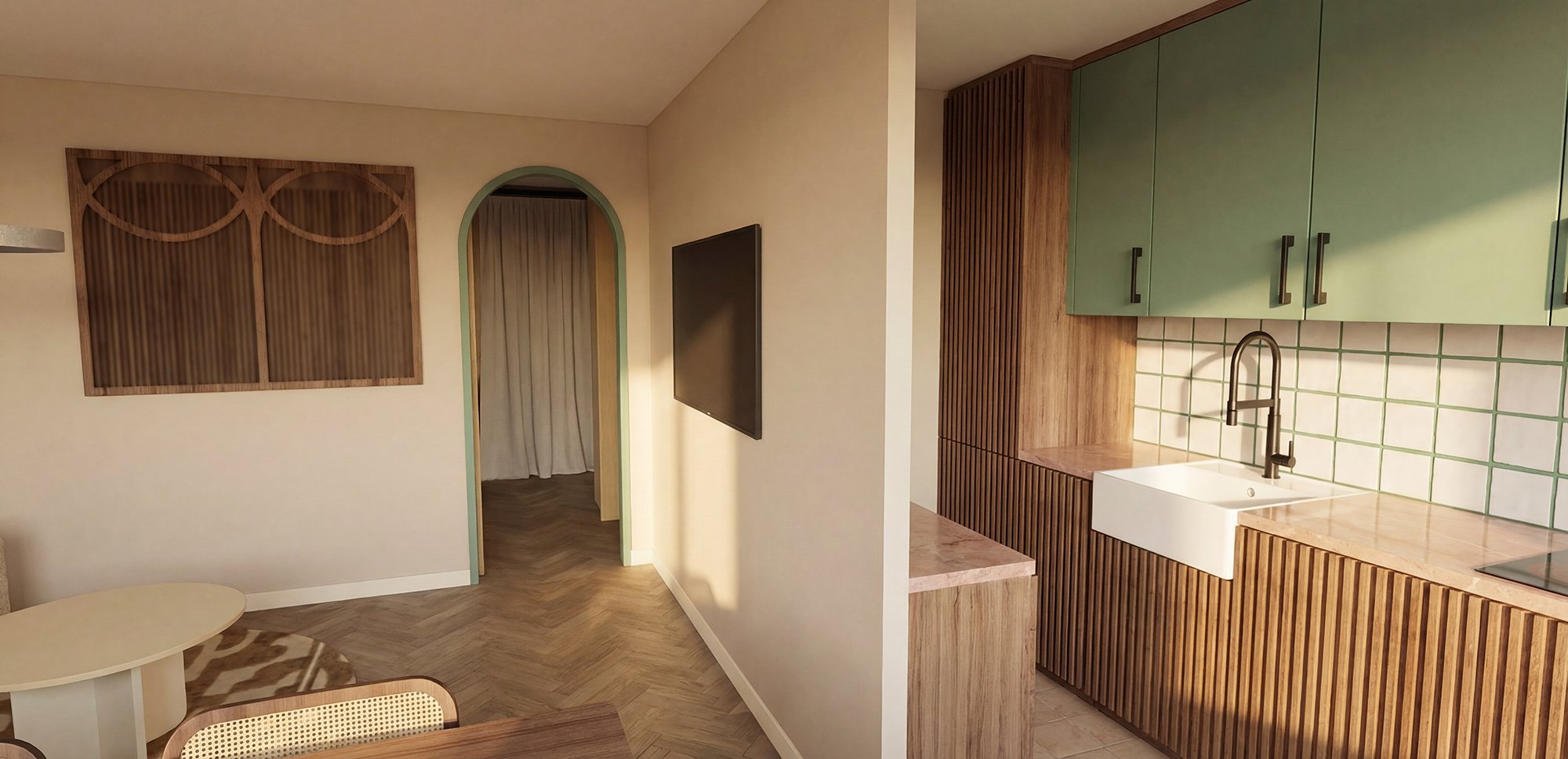 Vue sur la cuisine et la verrière en bois donnant sur la chambre. 