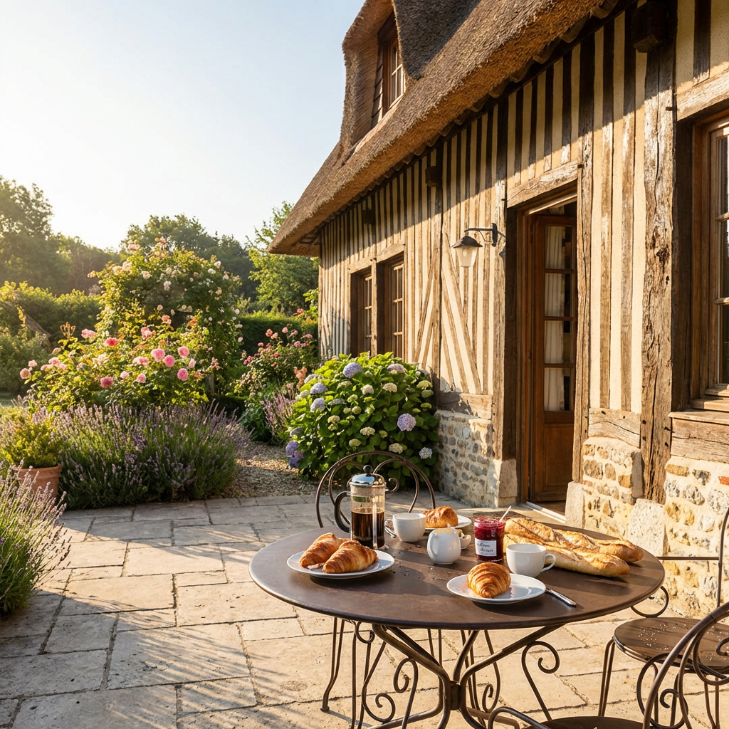 Traditional Normandy farmhouse (longère) with half-timbered walls and thatched roof. In the foreground, a stone patio is set for a French breakfast with croissants, baguettes, coffee, and jam.