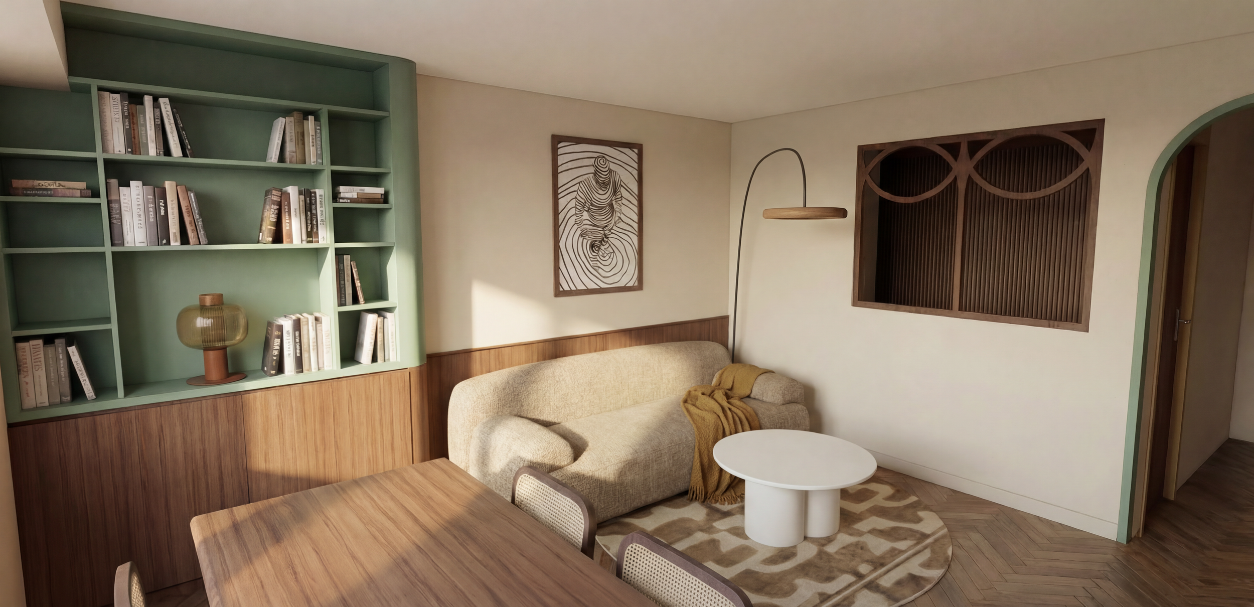 Rendu 3D du salon avec sa verrière