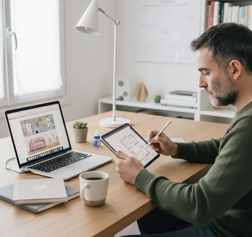 Homme travaillant avec une tablette graphique et un ordinateur portable dans un bureau