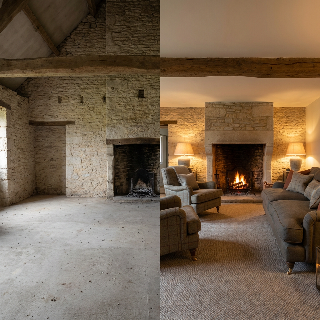 A side-by-side Before and After interior design comparison of a French stone barn. Left: raw concrete floor and empty fireplace. Right: fully renovated lounge with original beams, a roaring fire, high-quality carpet.
