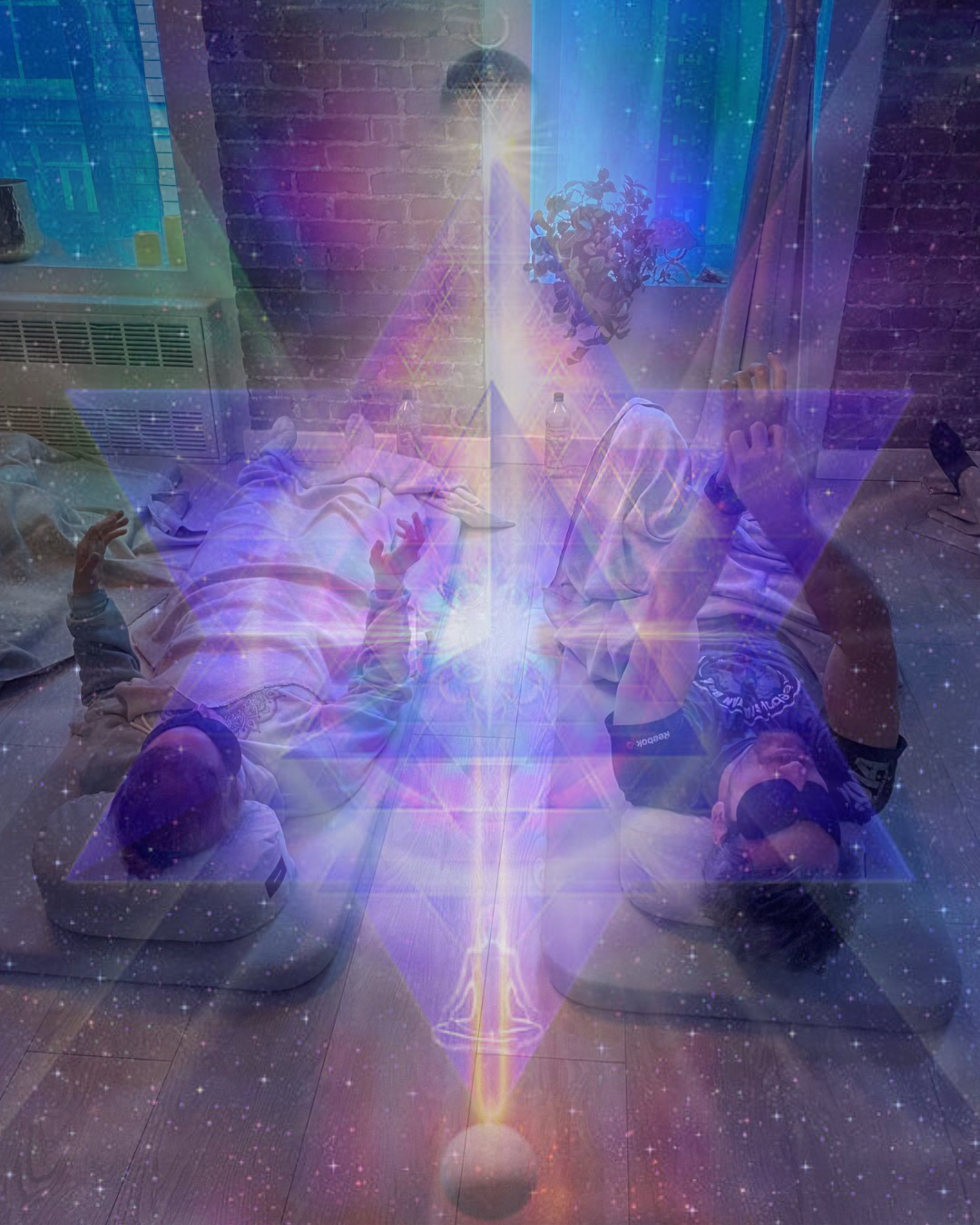 Two children lying on mattresses on the floor, with a cosmic overlay featuring stars, lightning, and geometric patterns.