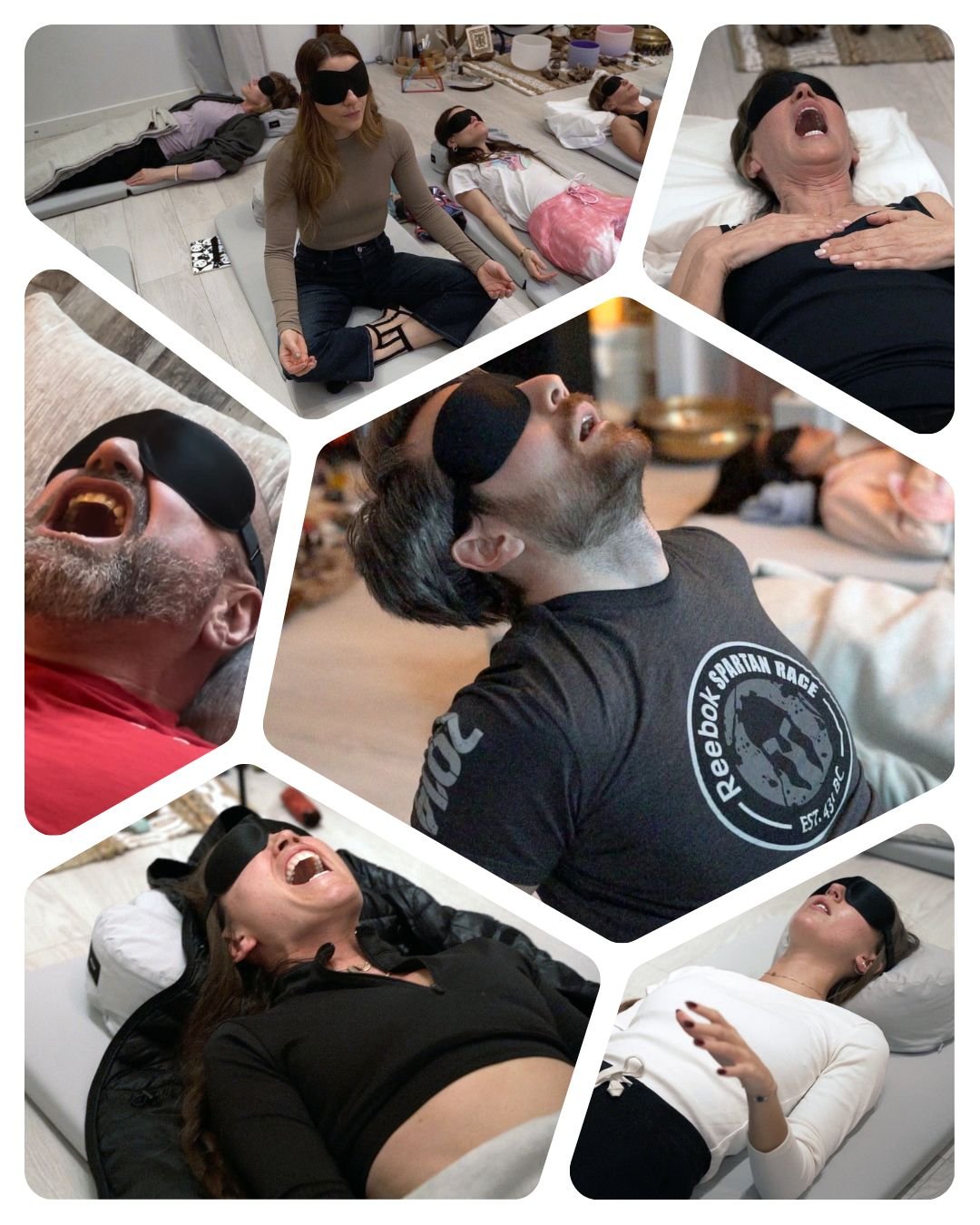 People lying on beds or mats and wearing sleep masks, appearing to be in a relaxation or meditation session, with some smiling or laughing.