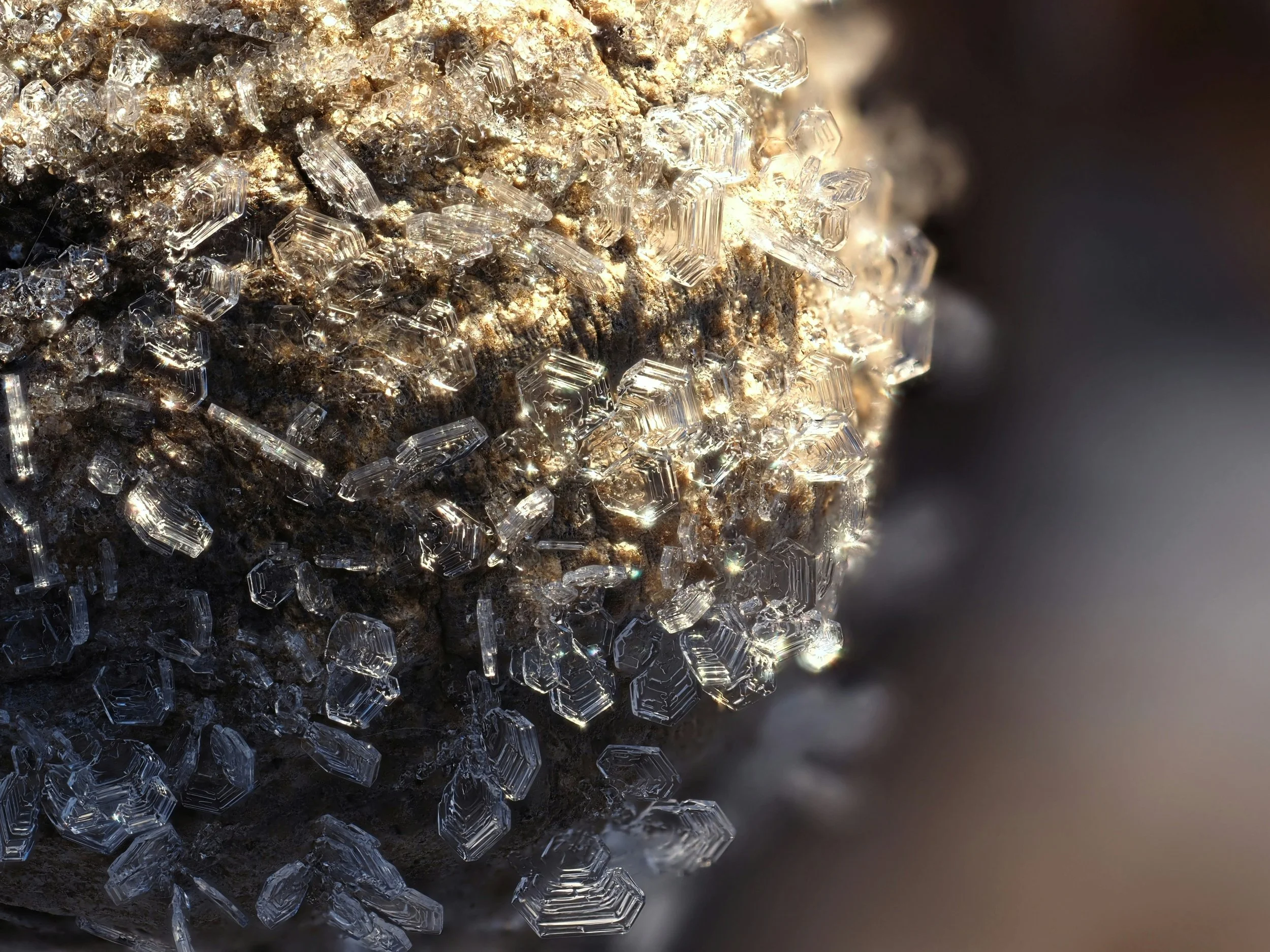 Close-up of salt crystals on a rough surface, where the crystals are mostly hexagonal and transparent, reflecting light.