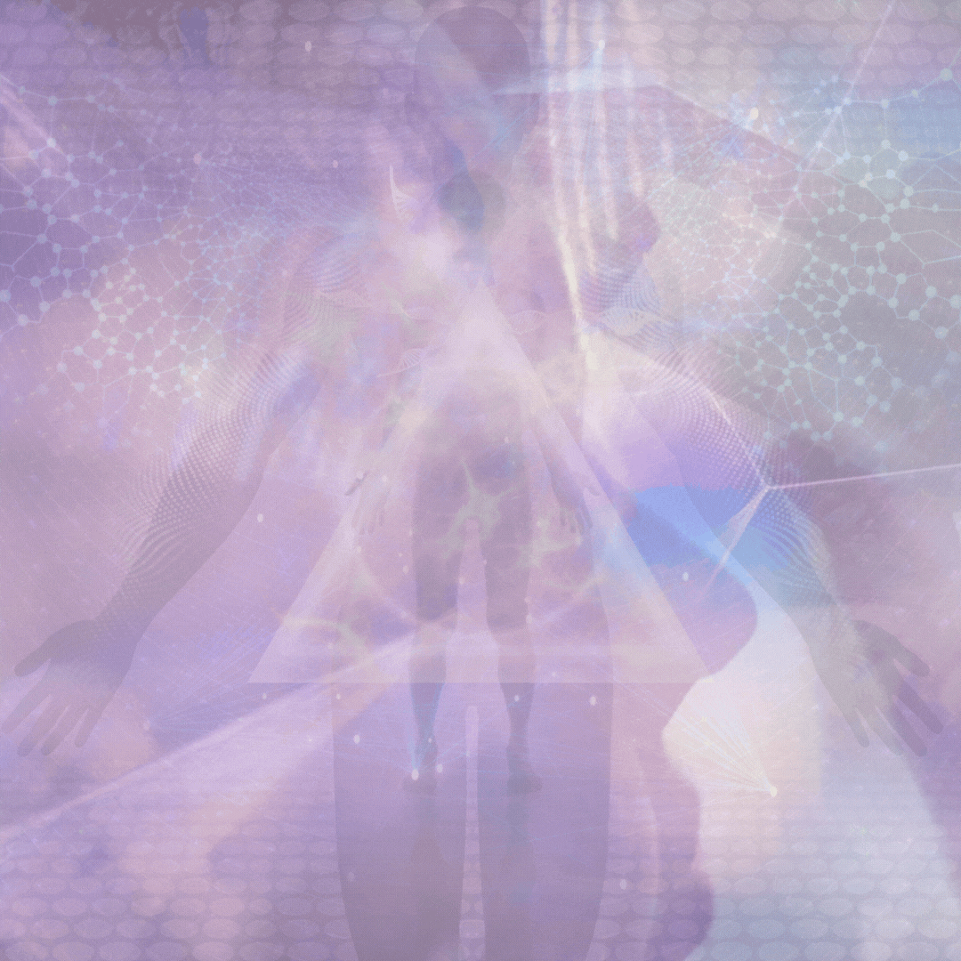 A human silhouette with arms extended outward, surrounded by a digital, futuristic background with neural network patterns and light effects.