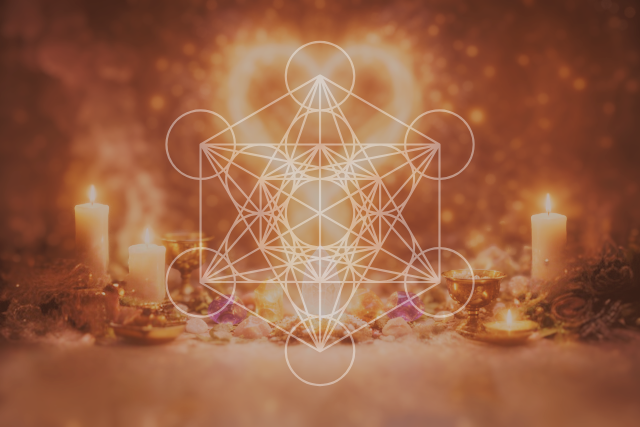 Sacred geometric pattern over a candle-lit altar with candles and flowers.