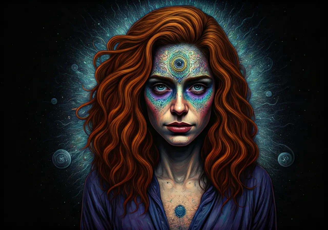 Psychedelic portrait of a woman with an abstract third eye symbol, representing altered consciousness and mental health themes