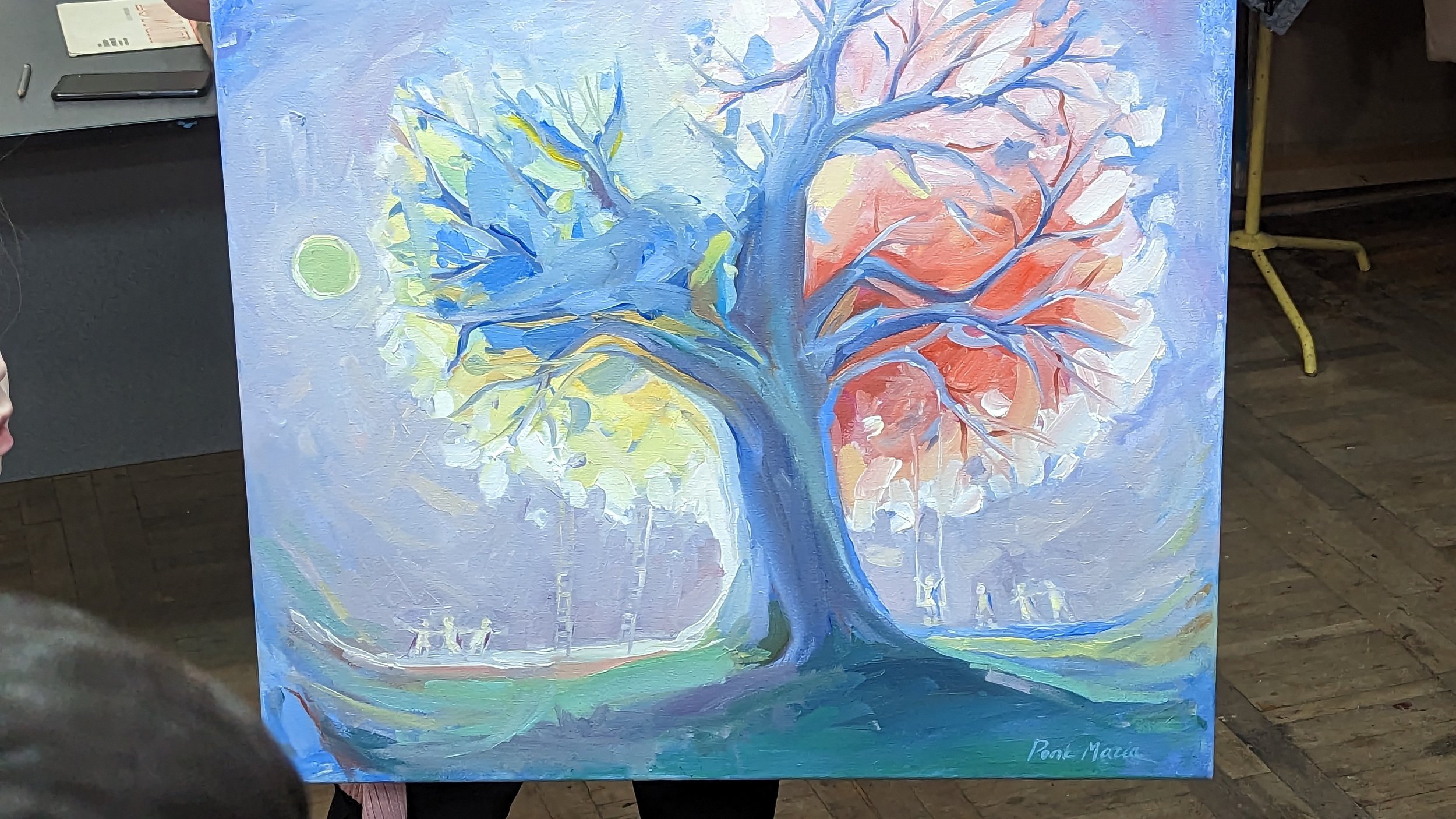 This piece depicts the Tree of Life &amp; the relationship b/w Ukraine (blue &amp; yellow on left) and Poland (red&amp;white on right).  This was selected to be presented to Polish President Duda.