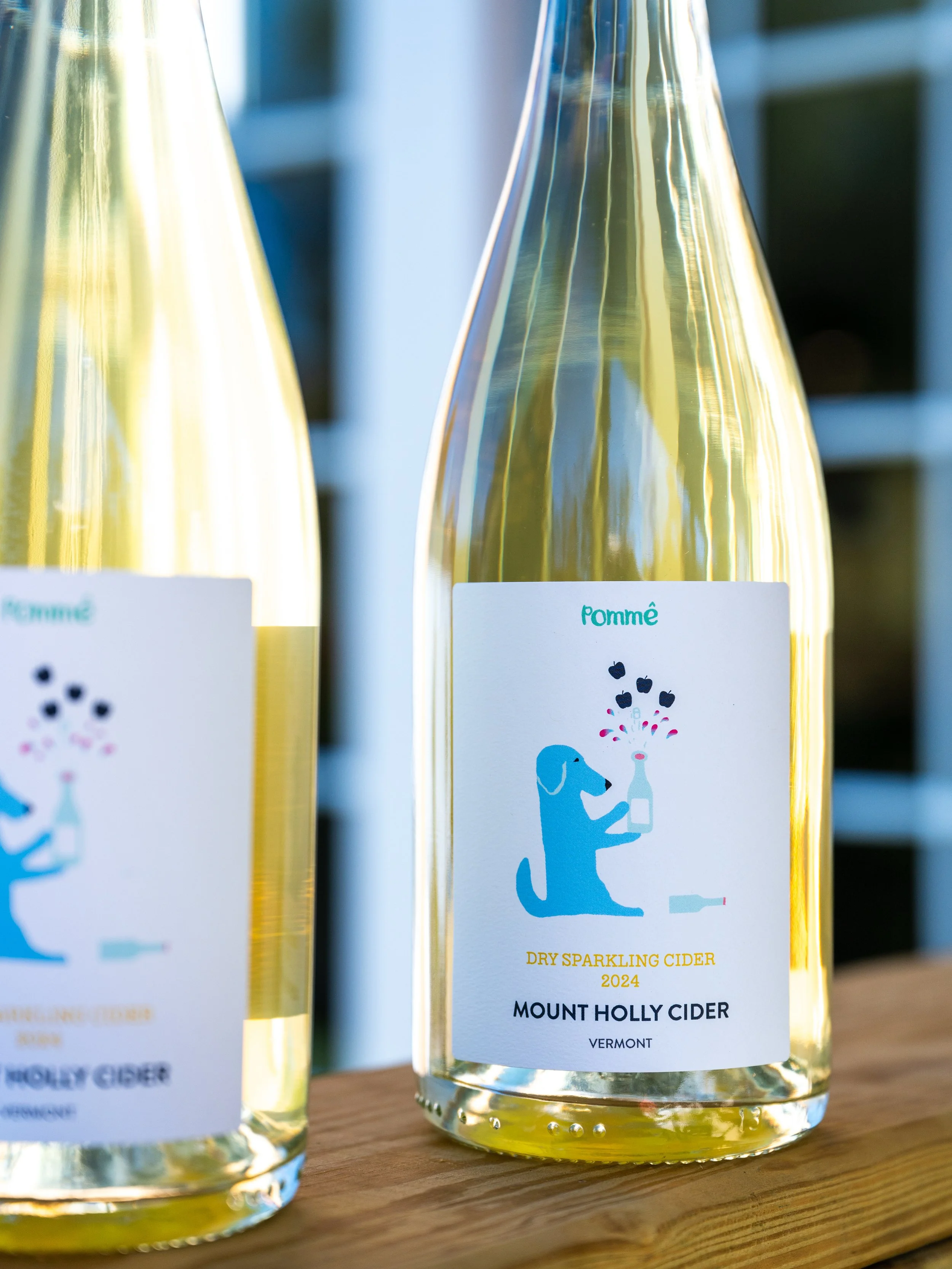 Bottle of Mount Holly Cider, a 2024 dry sparkling cider from Vermont, with a label featuring a blue dog holding a bottle with fruit or bubbles coming out, on a wooden surface outdoors