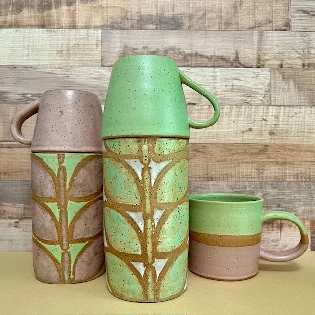 Pink and Green Ceramic Thermos, plus Mug