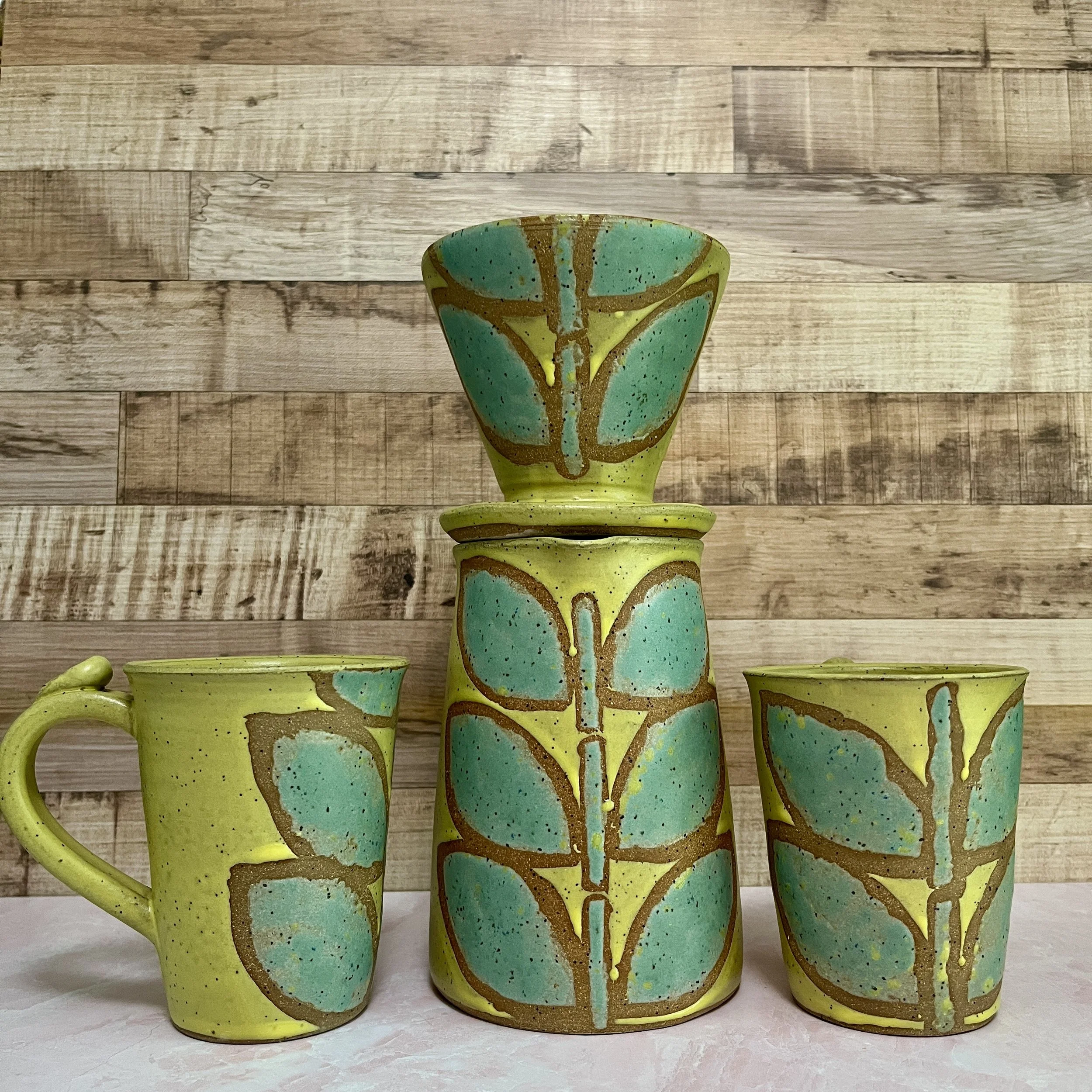 Turquoise and Yellow Stem Coffee Pourover plus Mugs