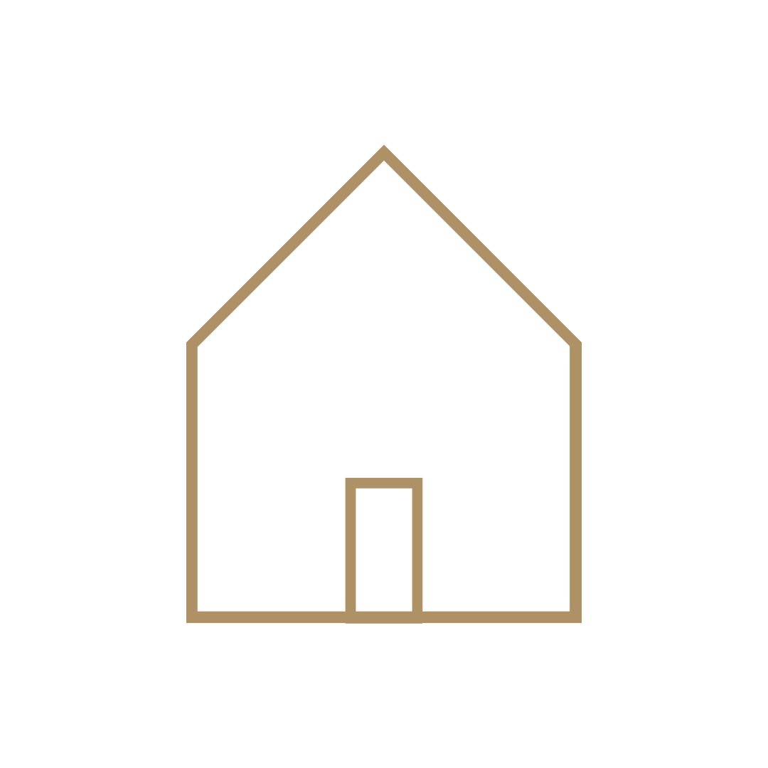 Gold outline of a house with a centered door on a blank background