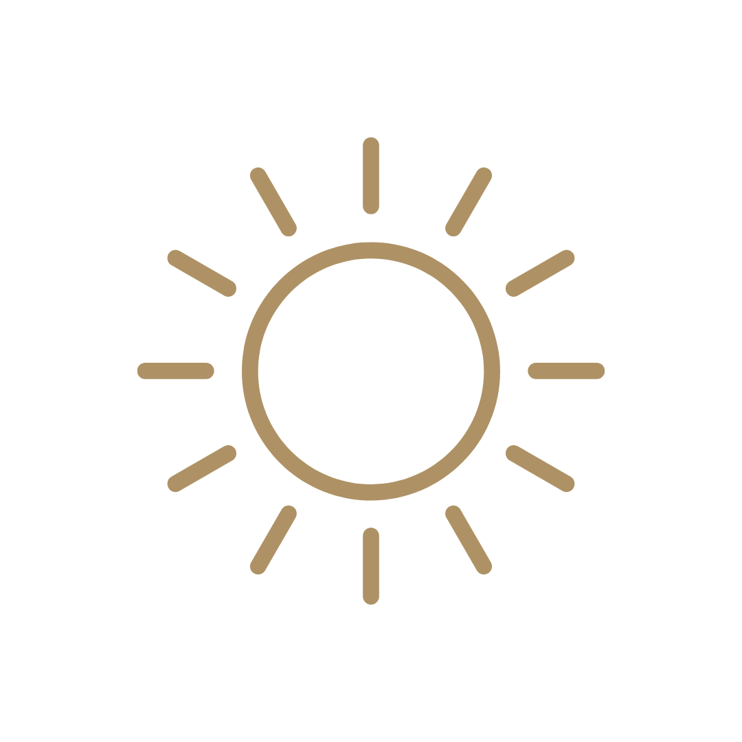 Minimalist gold sun icon with radiating rays on a blank background