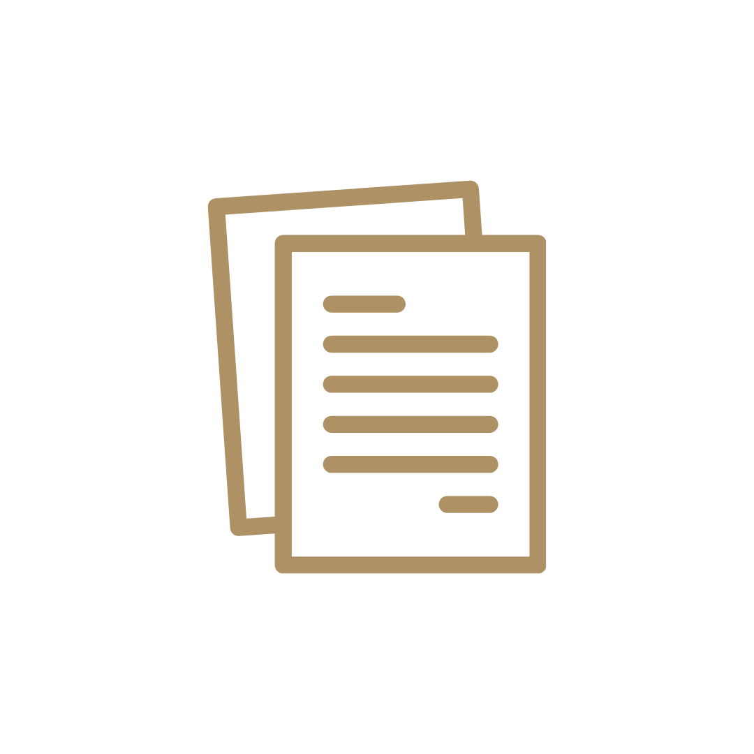 Gold outline icon of two overlapping documents with horizontal text lines on a blank background
