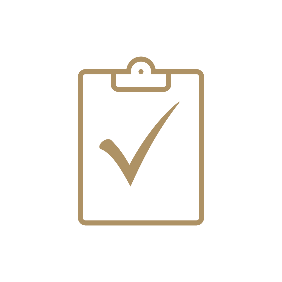 Gold clipboard icon with a check mark on a blank background