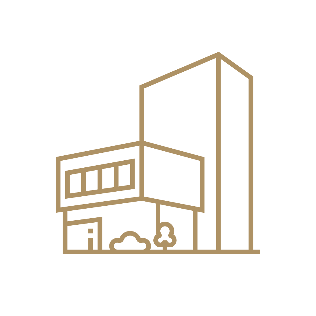 Minimalist gold line icon of a modern multi-story building with windows, a door, tree, and shrub on a blamk bacnground