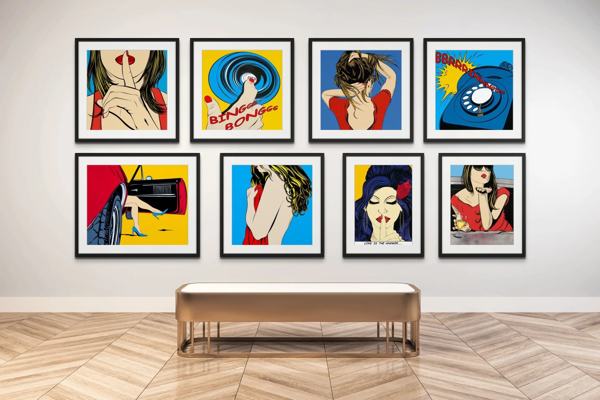 A selection of 8 Deborah Azzopardi artworks located on a gallery wall