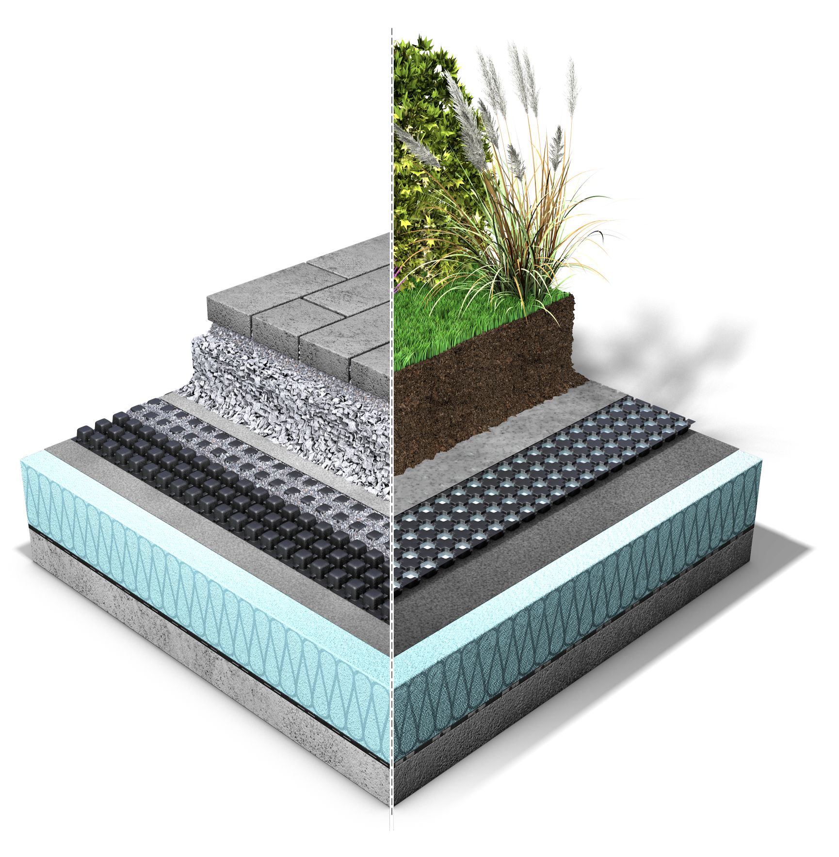 Cross-section illustration comparing traditional paving with eco-friendly, permeable ground cover, showing paved walkway on the left and natural garden on the right.