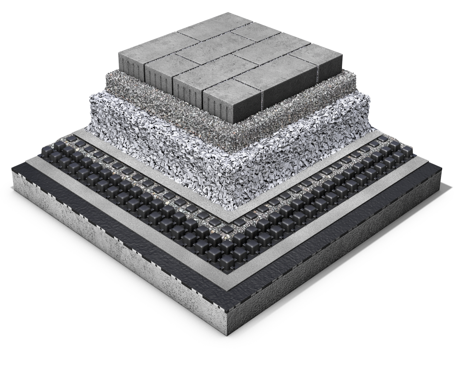Cross-section of a layered paving system showing concrete pavers, bedding layer, base layer, and subgrade.