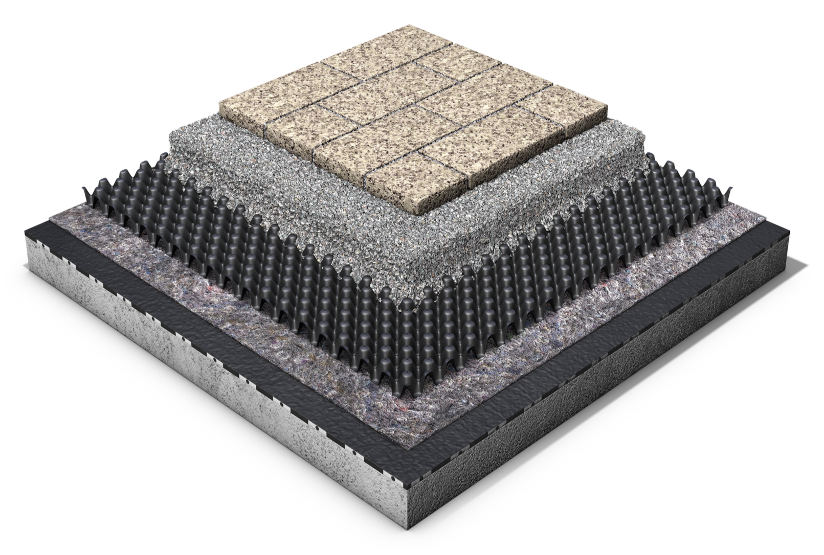 Cross-section of layered paving with brick top layer, gravel, and various foundation materials.