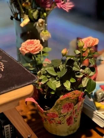 Small pink rose plant on a brown desk