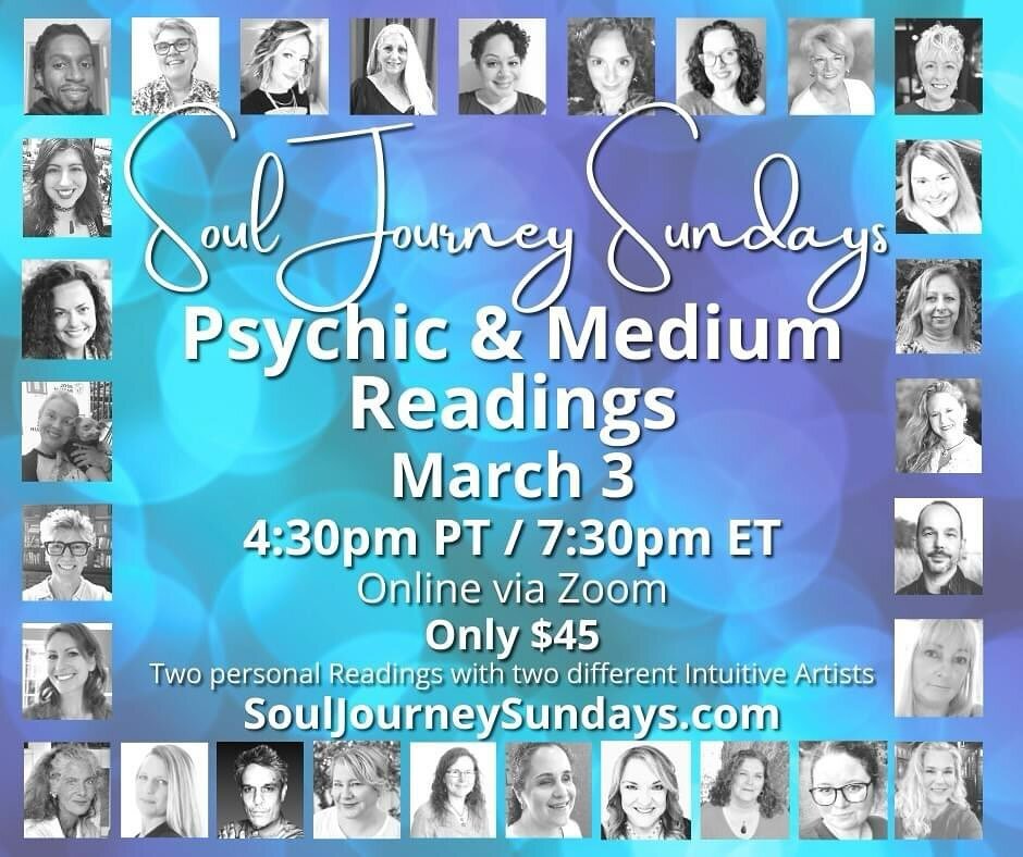 Soul Journey Sundays back again on March 3rd! Online readings and more, 7:30 pm EST. Link in story and bio. 

#souljourney #readings #mediumship #energyhealing #event