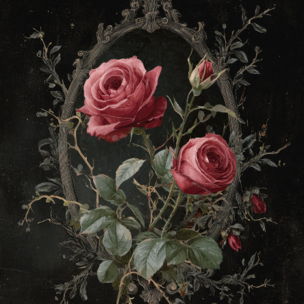 Mirror with pink roses and leaves coming through it
