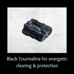 Black Tourmaline photo with the message to use black tourmaline for energetic protection and clearing