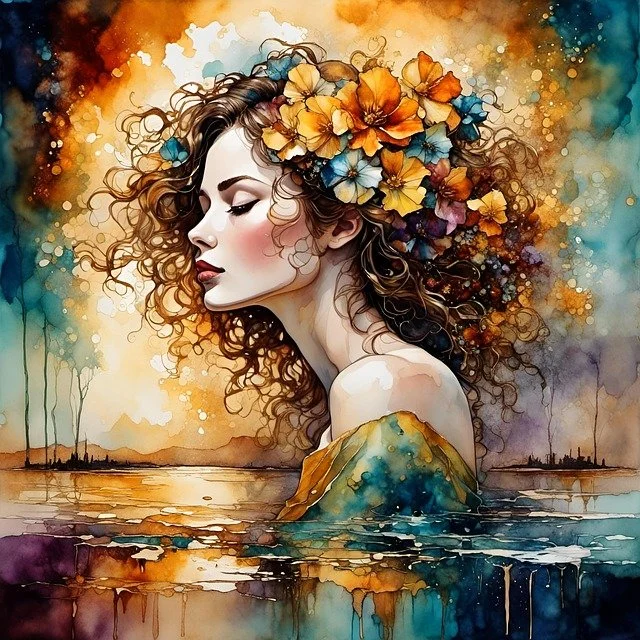 Digital image of a woman with brown curly hair coming out of the water with flowers in her hair
