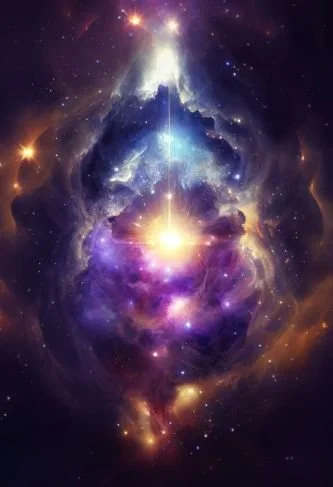 Cosmic Clouds of purple, blue and grey with a gold light in the center