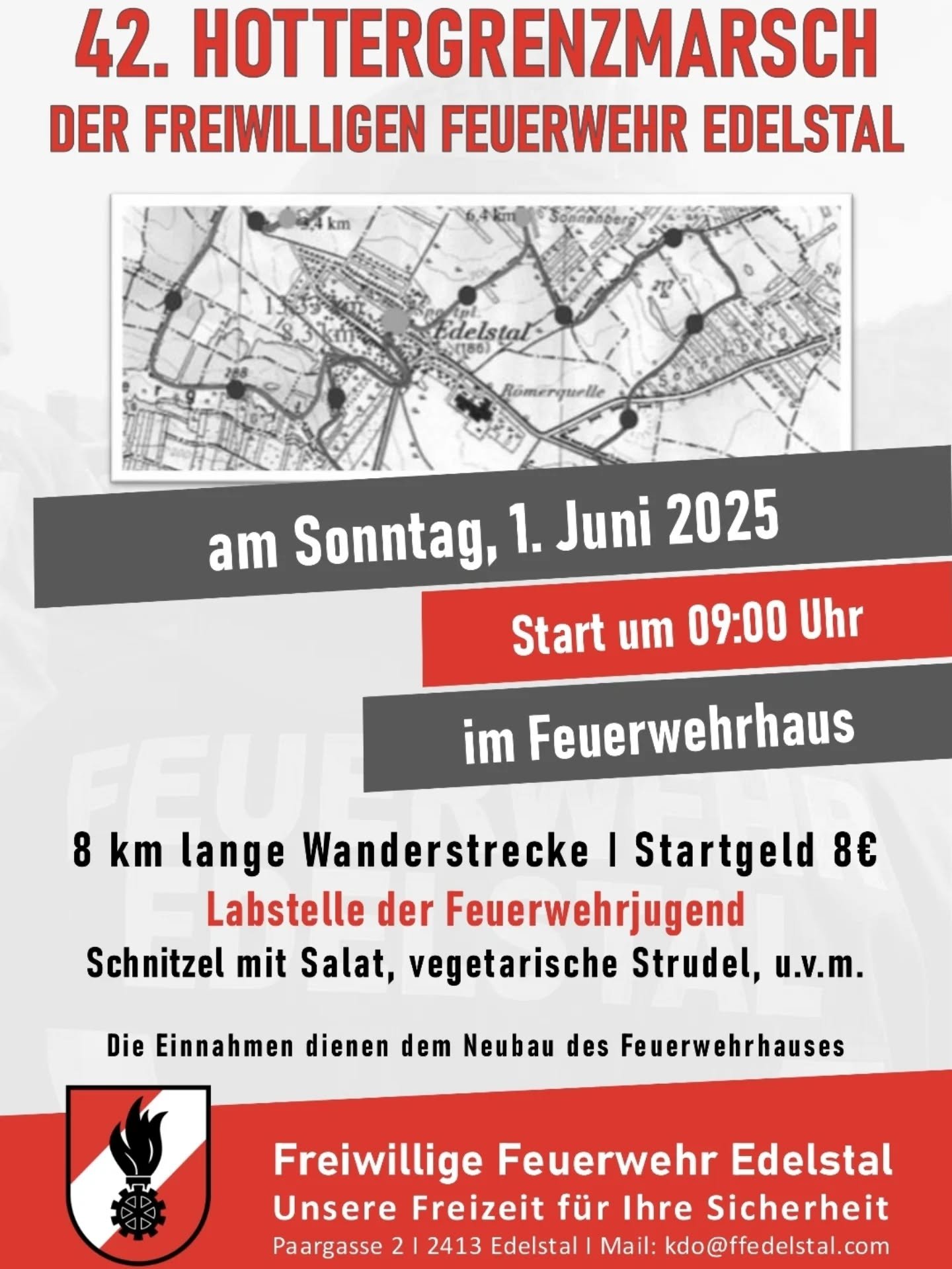 ++ 42. Hottergrenzmarsch der FF Edelstal ++
Es wird wieder gewandert! Am Sonntag, 01.06.2025 ab 09:00 Uhr. Start im Feuerwehrhaus. Labstelle der Feuerwehrjugend! 🚶🏻☀️🚒