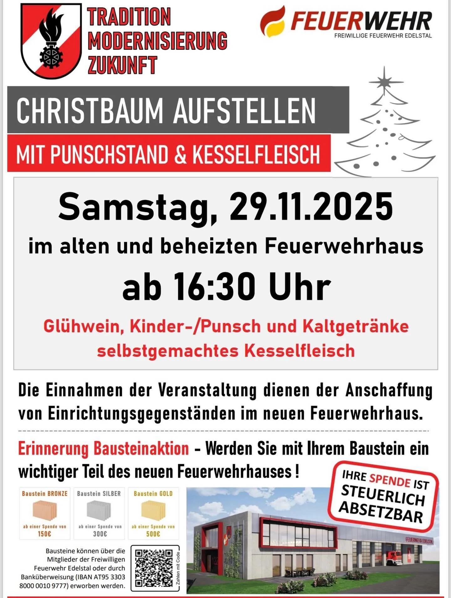 Am Samstag, 29.11.2025 ab 16:30 Uhr ist es soweit, die letzte Veranstaltung in unserer alten Wirkungsst&auml;tte steht unmittelbar bevor: das traditionelle Christbaum aufstellen! 🎄🚒

Wir freuen uns, euch im geheizten Feuerwehrhaus u.a. mit besten K